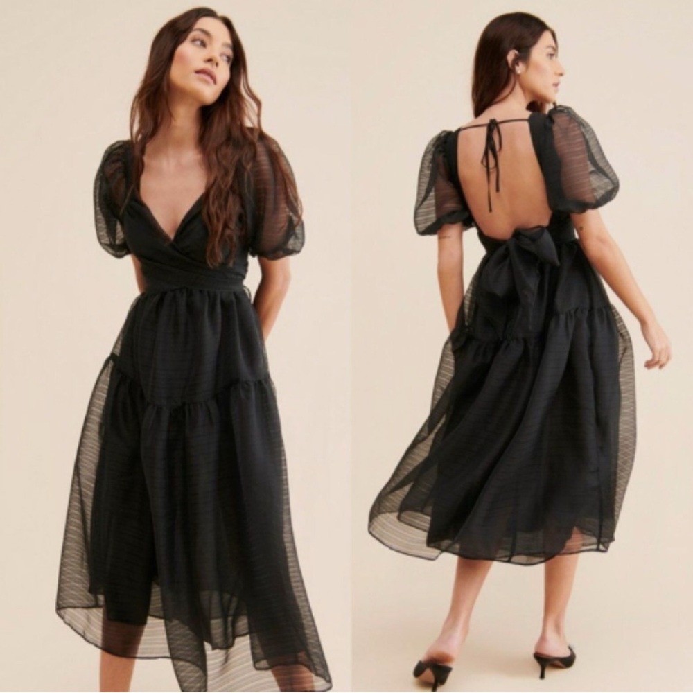 Free People Black Puff Sleeve Plunge Sundress